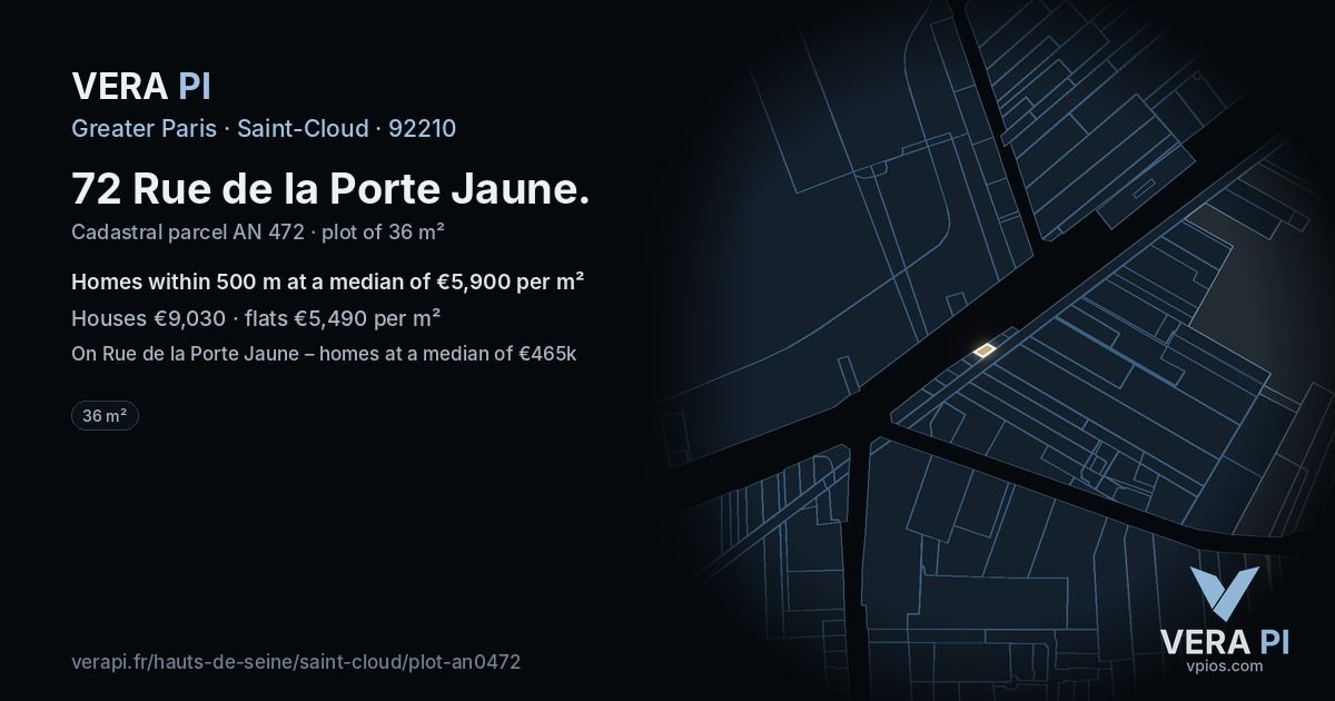 72 Rue de la Porte Jaune, Saint-Cloud at night – the plot lit, the parcels around coloured by the prices near them