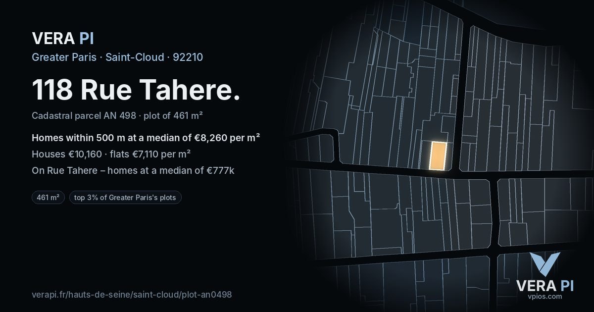118 Rue Tahere, Saint-Cloud at night – the plot lit, the parcels around coloured by the prices near them