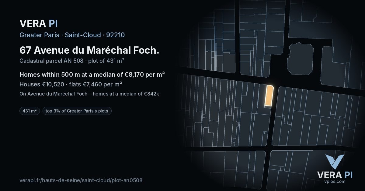 67 Avenue du Maréchal Foch, Saint-Cloud at night – the plot lit, the parcels around coloured by the prices near them