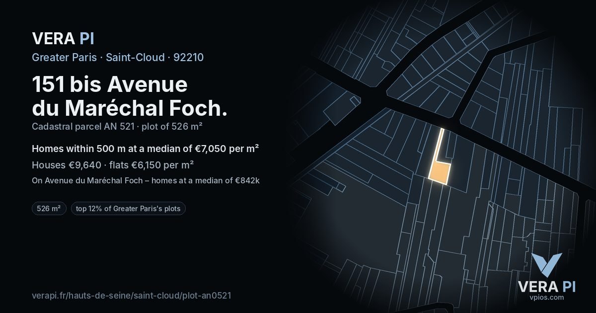 151 bis Avenue du Maréchal Foch, Saint-Cloud at night – the plot lit, the parcels around coloured by the prices near them