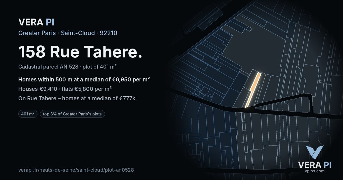 158 Rue Tahere, Saint-Cloud at night – the plot lit, the parcels around coloured by the prices near them
