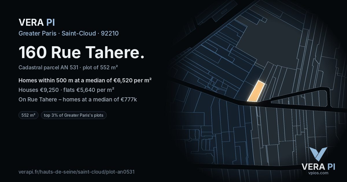 160 Rue Tahere, Saint-Cloud at night – the plot lit, the parcels around coloured by the prices near them