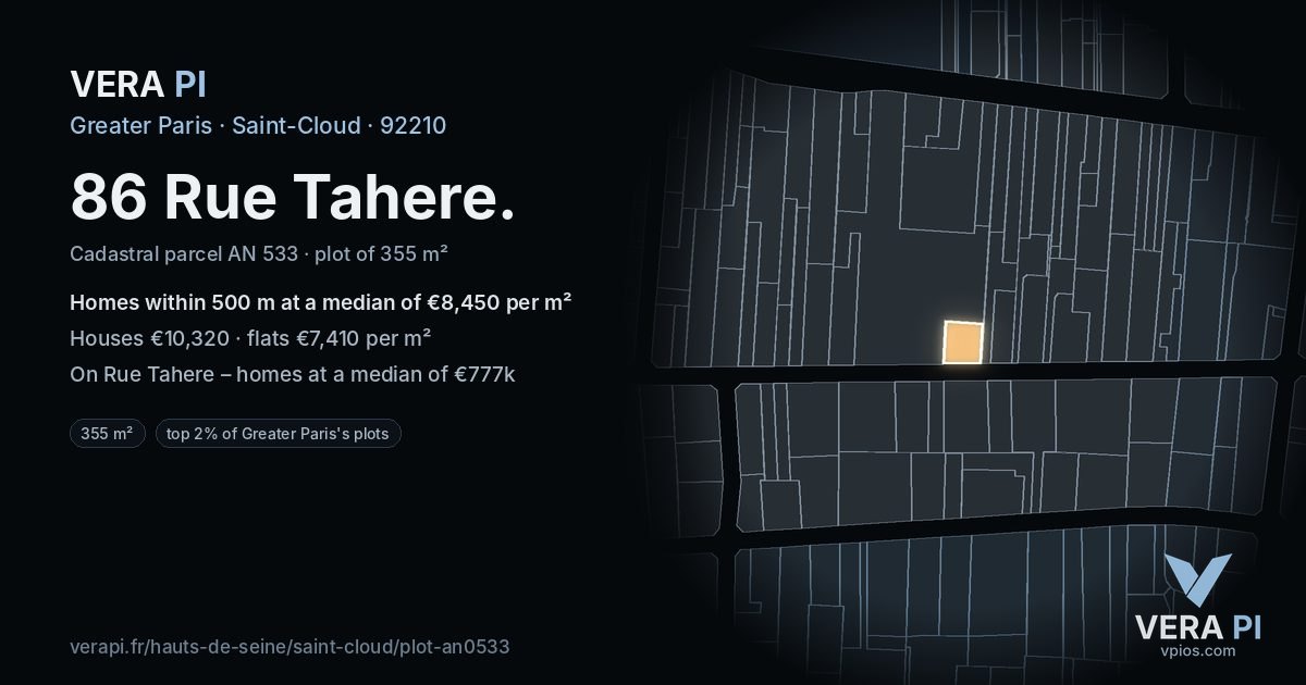 86 Rue Tahere, Saint-Cloud at night – the plot lit, the parcels around coloured by the prices near them