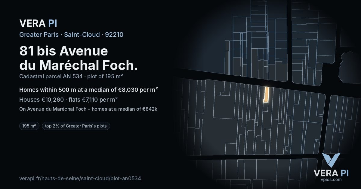 81 bis Avenue du Maréchal Foch, Saint-Cloud at night – the plot lit, the parcels around coloured by the prices near them