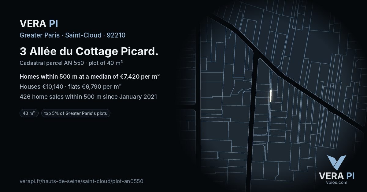 3 Allée du Cottage Picard, Saint-Cloud at night – the plot lit, the parcels around coloured by the prices near them
