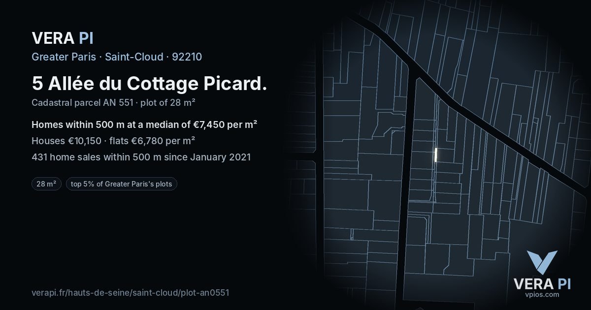 5 Allée du Cottage Picard, Saint-Cloud at night – the plot lit, the parcels around coloured by the prices near them