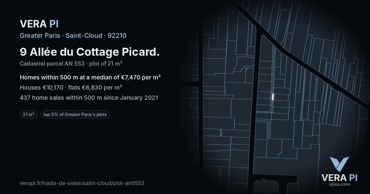 9 Allée du Cottage Picard, Saint-Cloud at night – the plot lit, the parcels around coloured by the prices near them