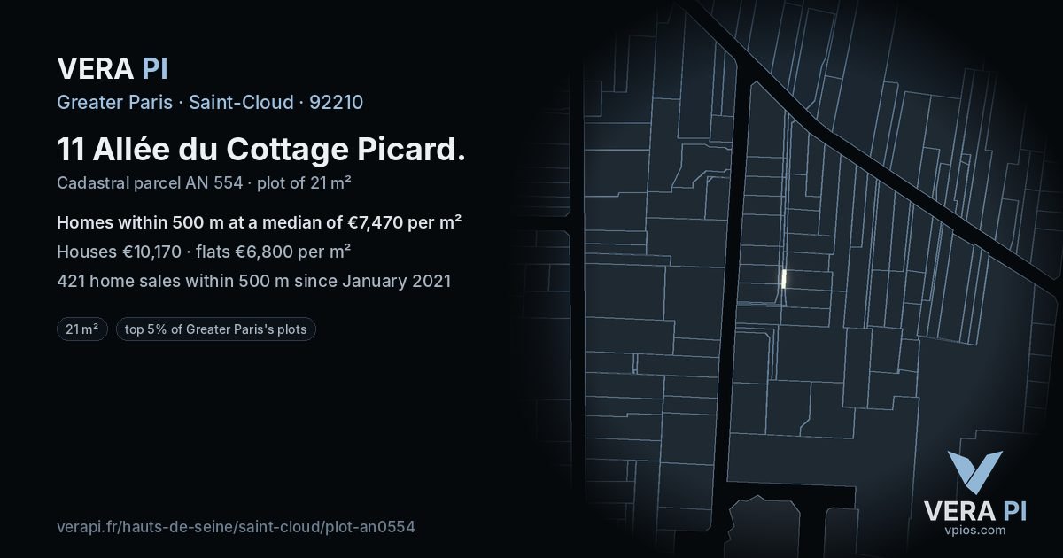 11 Allée du Cottage Picard, Saint-Cloud at night – the plot lit, the parcels around coloured by the prices near them