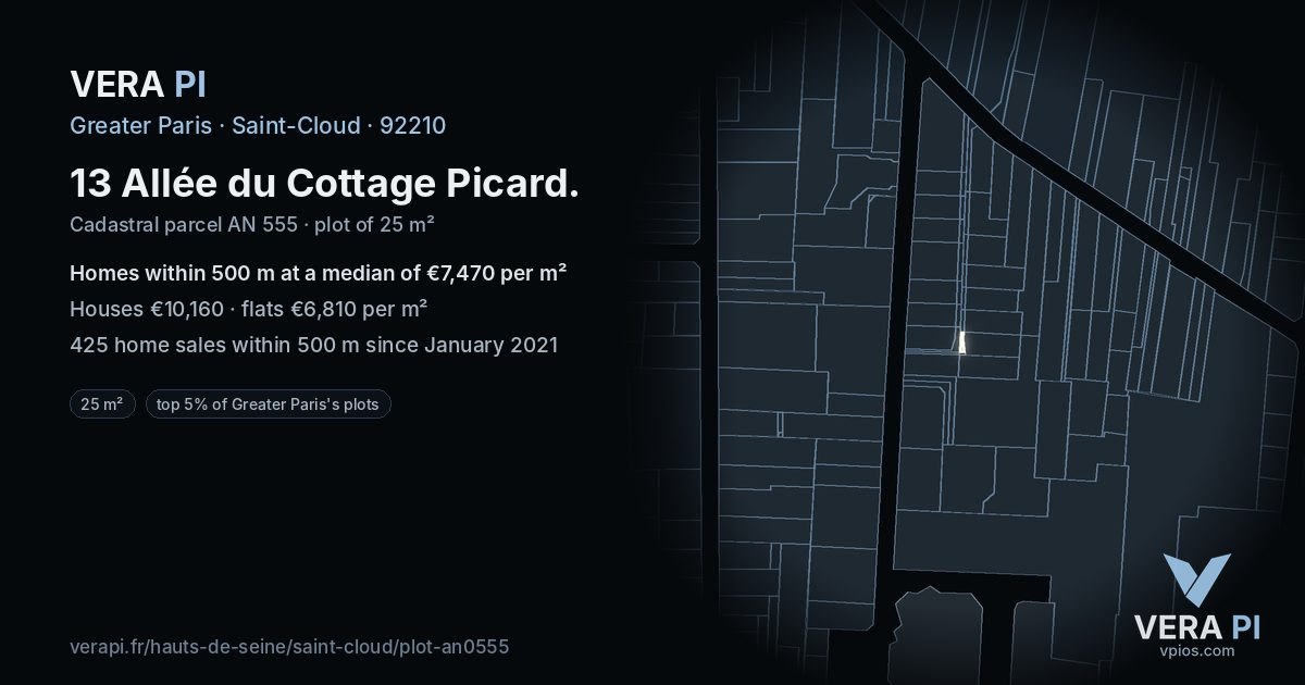 13 Allée du Cottage Picard, Saint-Cloud at night – the plot lit, the parcels around coloured by the prices near them