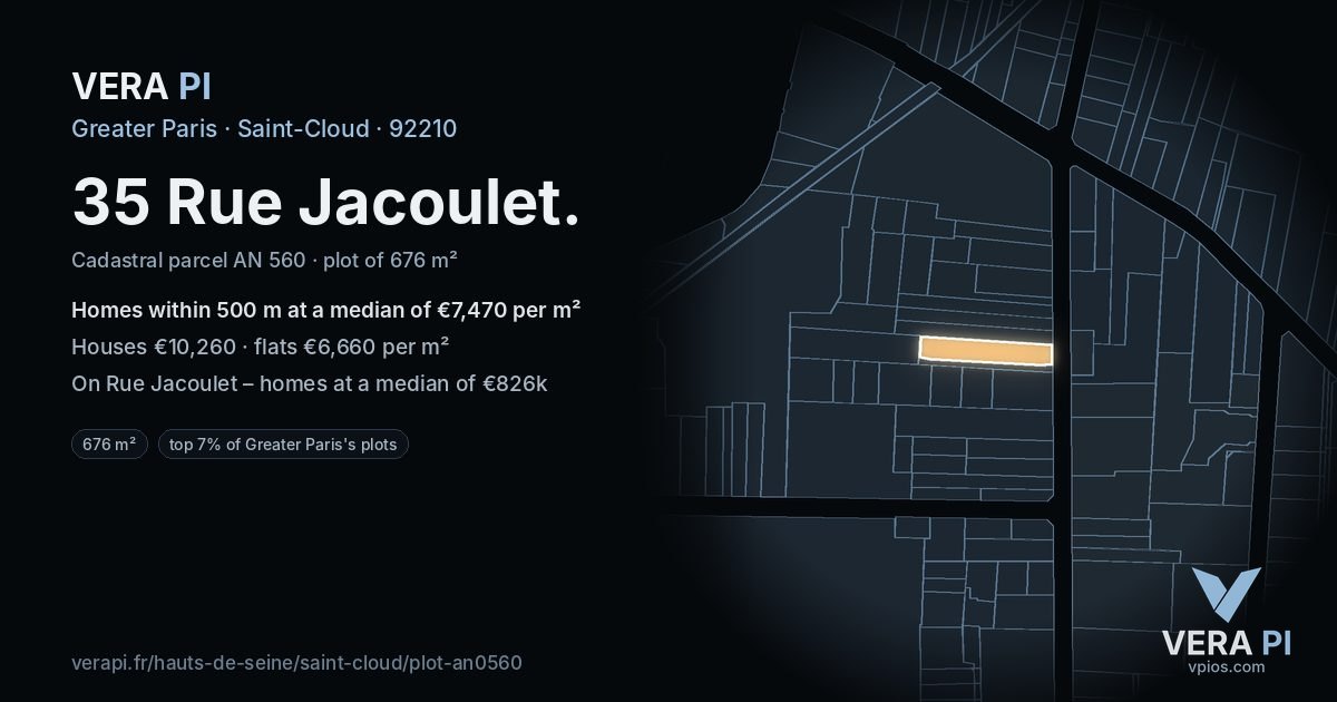 35 Rue Jacoulet, Saint-Cloud at night – the plot lit, the parcels around coloured by the prices near them
