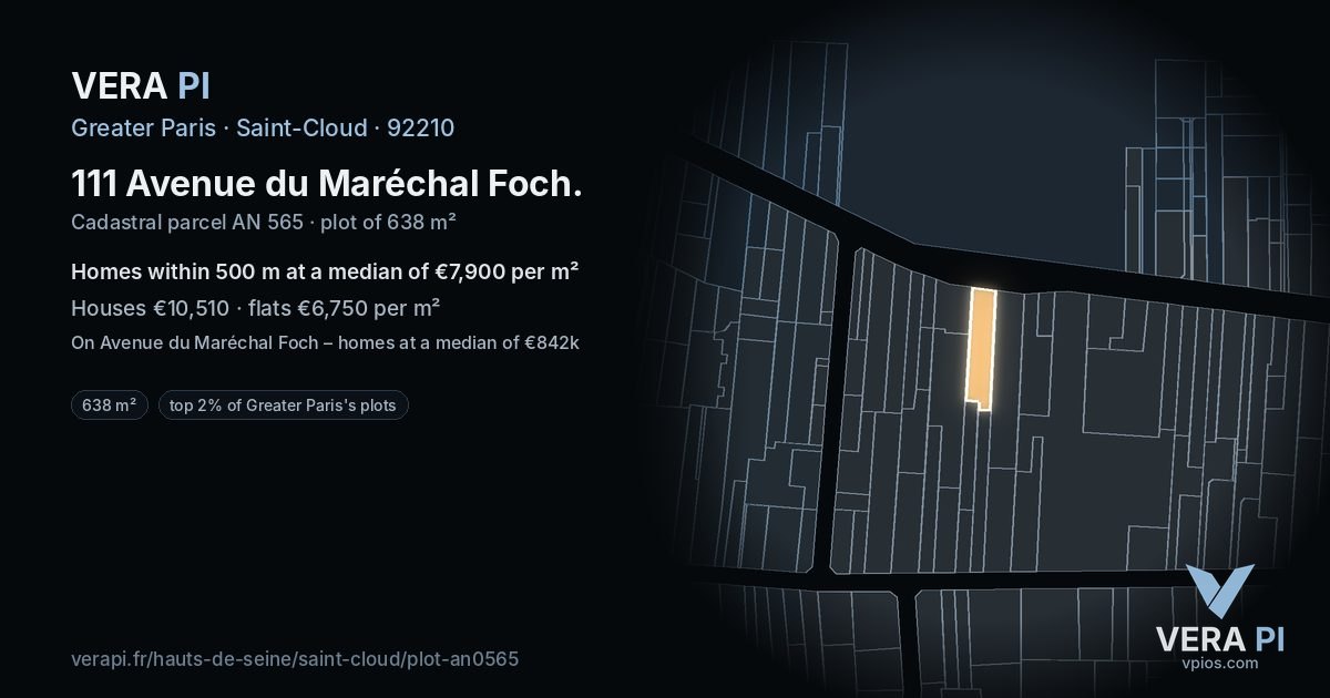 111 Avenue du Maréchal Foch, Saint-Cloud at night – the plot lit, the parcels around coloured by the prices near them