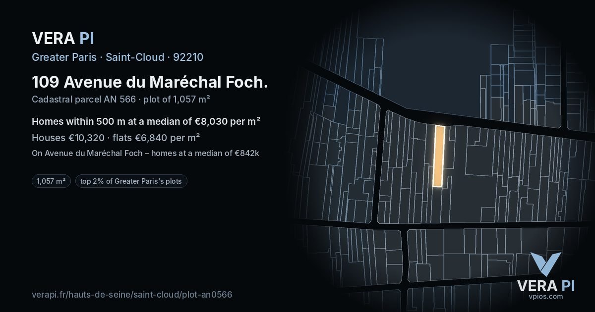 109 Avenue du Maréchal Foch, Saint-Cloud at night – the plot lit, the parcels around coloured by the prices near them