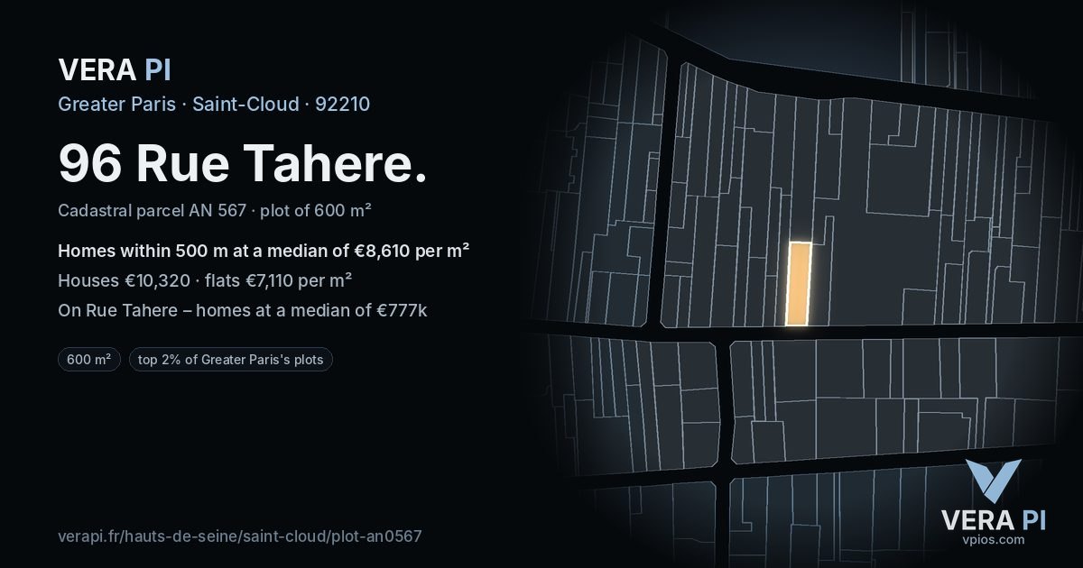96 Rue Tahere, Saint-Cloud at night – the plot lit, the parcels around coloured by the prices near them