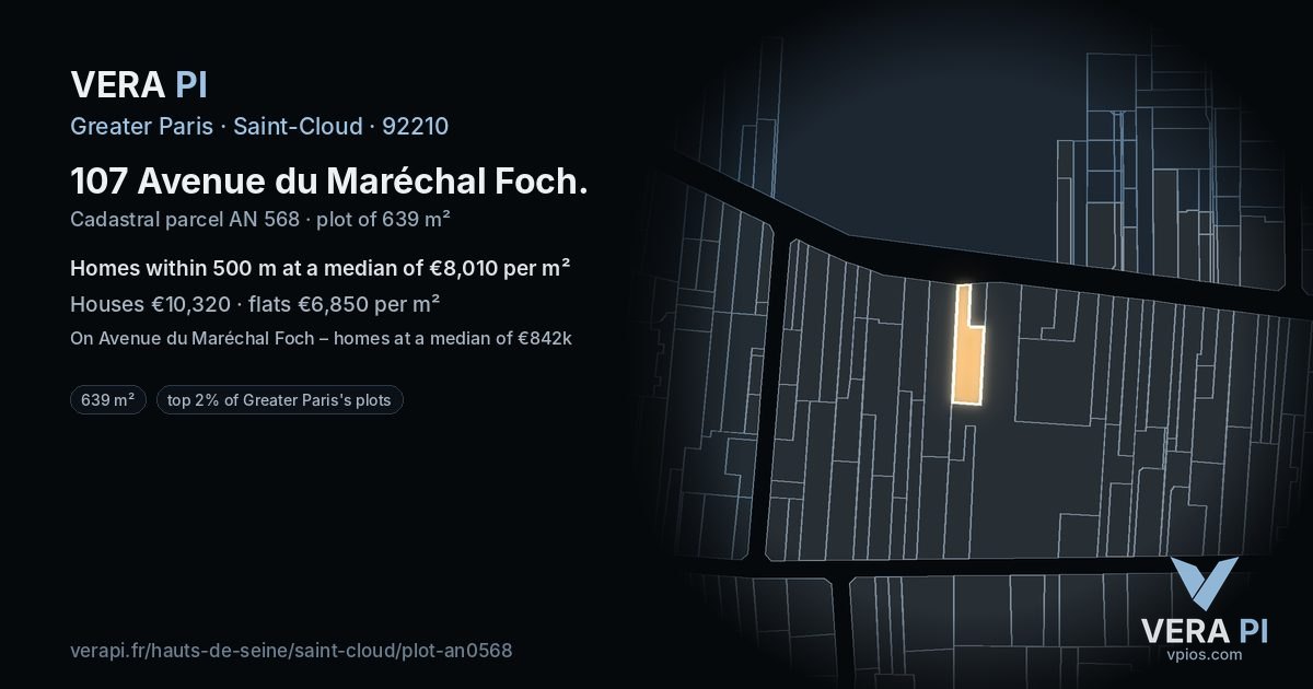 107 Avenue du Maréchal Foch, Saint-Cloud at night – the plot lit, the parcels around coloured by the prices near them