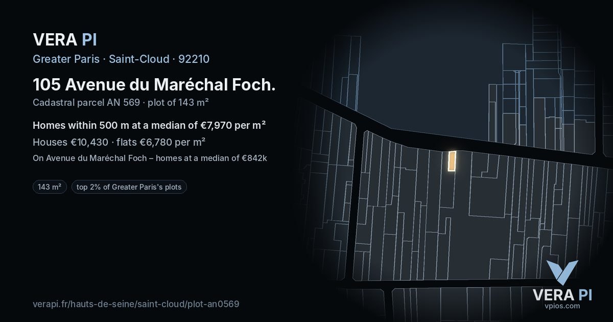 105 Avenue du Maréchal Foch, Saint-Cloud at night – the plot lit, the parcels around coloured by the prices near them