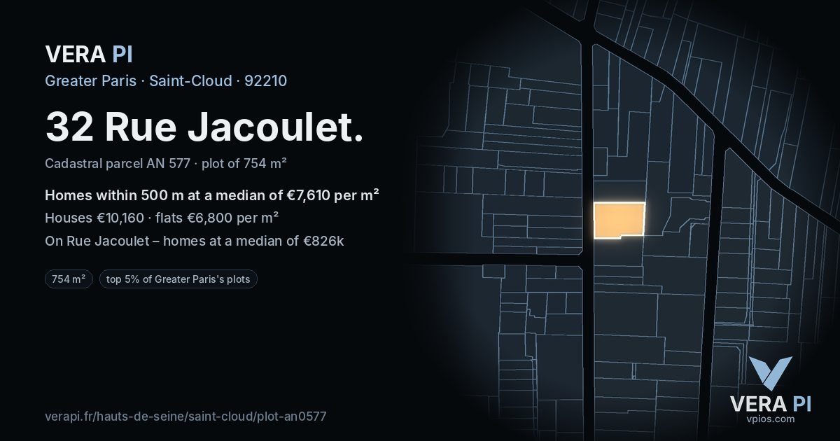 32 Rue Jacoulet, Saint-Cloud at night – the plot lit, the parcels around coloured by the prices near them