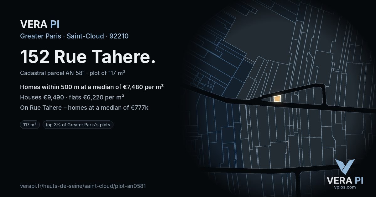 152 Rue Tahere, Saint-Cloud at night – the plot lit, the parcels around coloured by the prices near them