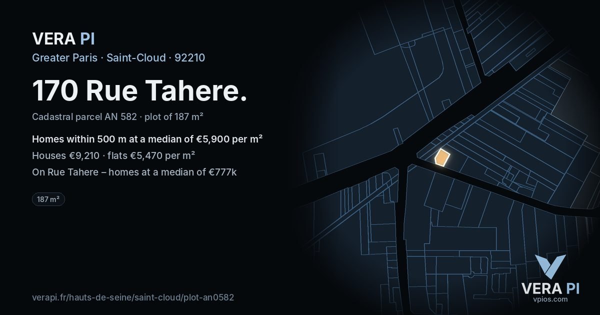 170 Rue Tahere, Saint-Cloud at night – the plot lit, the parcels around coloured by the prices near them