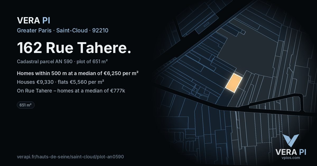 162 Rue Tahere, Saint-Cloud at night – the plot lit, the parcels around coloured by the prices near them