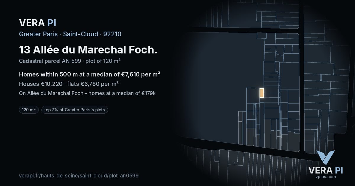 13 Allée du Marechal Foch, Saint-Cloud at night – the plot lit, the parcels around coloured by the prices near them