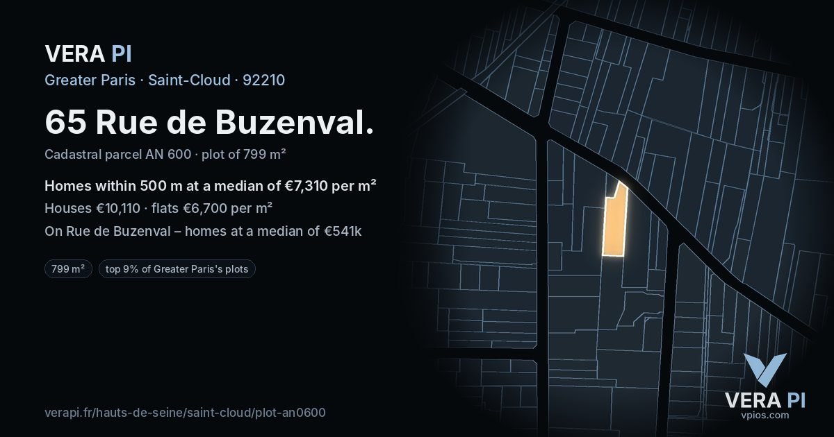 65 Rue de Buzenval, Saint-Cloud at night – the plot lit, the parcels around coloured by the prices near them