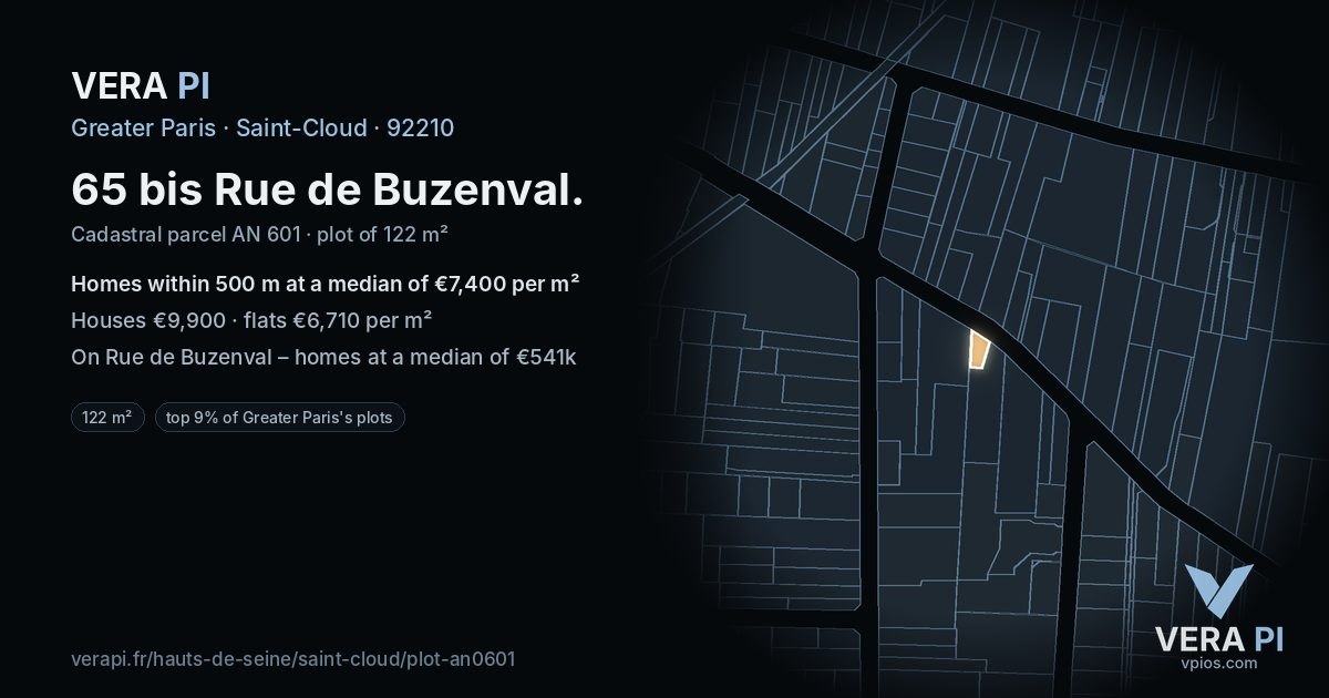 65 bis Rue de Buzenval, Saint-Cloud at night – the plot lit, the parcels around coloured by the prices near them