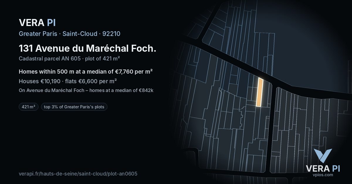 131 Avenue du Maréchal Foch, Saint-Cloud at night – the plot lit, the parcels around coloured by the prices near them