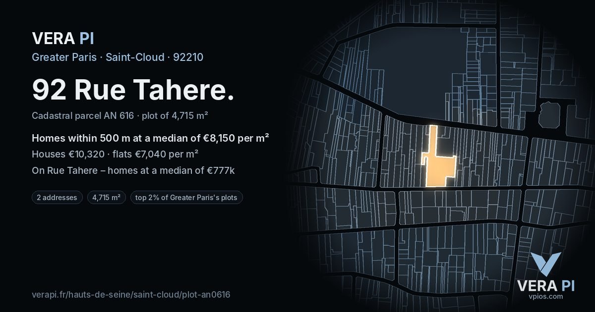 92 Rue Tahere, Saint-Cloud at night – the plot lit, the parcels around coloured by the prices near them