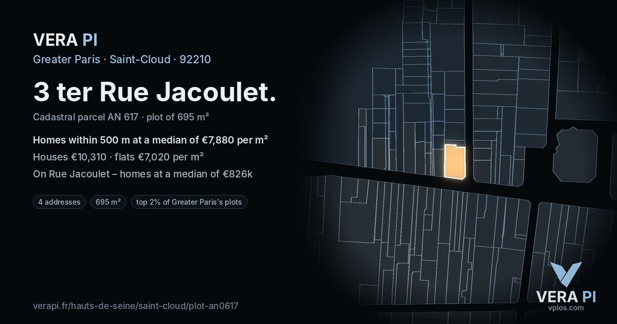 3 ter Rue Jacoulet, Saint-Cloud at night – the plot lit, the parcels around coloured by the prices near them