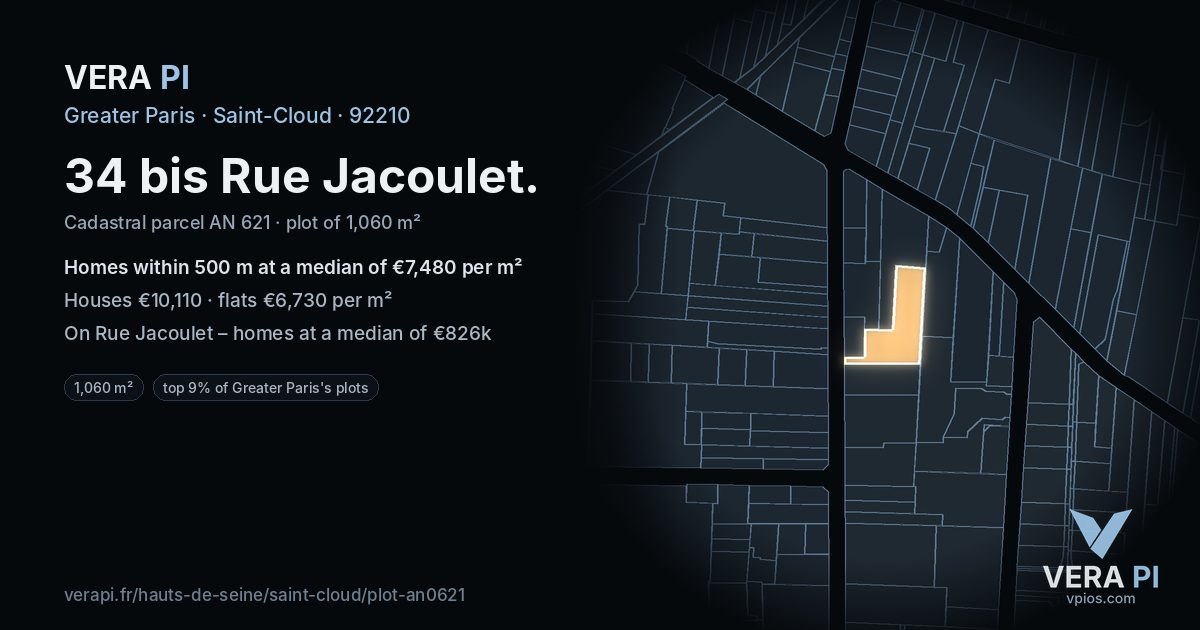 34 bis Rue Jacoulet, Saint-Cloud at night – the plot lit, the parcels around coloured by the prices near them