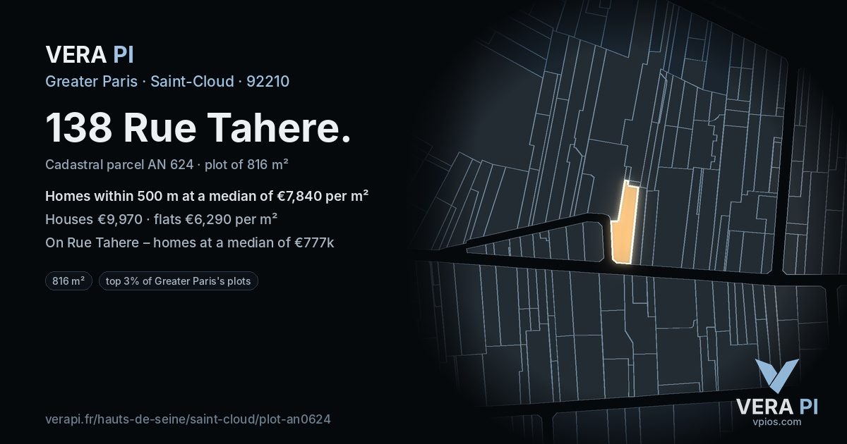 138 Rue Tahere, Saint-Cloud at night – the plot lit, the parcels around coloured by the prices near them