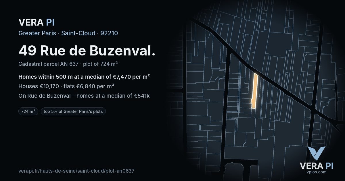 49 Rue de Buzenval, Saint-Cloud at night – the plot lit, the parcels around coloured by the prices near them