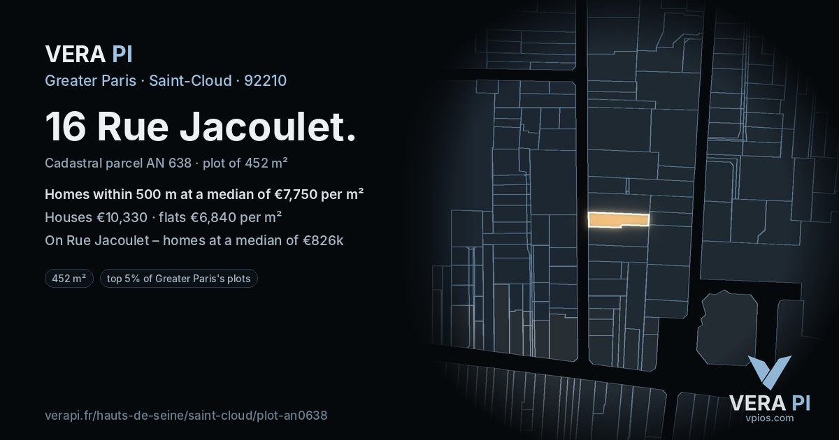 16 Rue Jacoulet, Saint-Cloud at night – the plot lit, the parcels around coloured by the prices near them