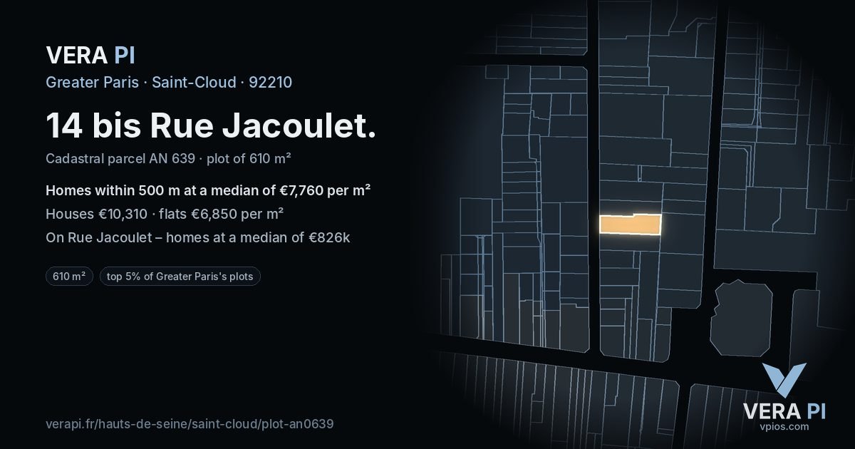 14 bis Rue Jacoulet, Saint-Cloud at night – the plot lit, the parcels around coloured by the prices near them