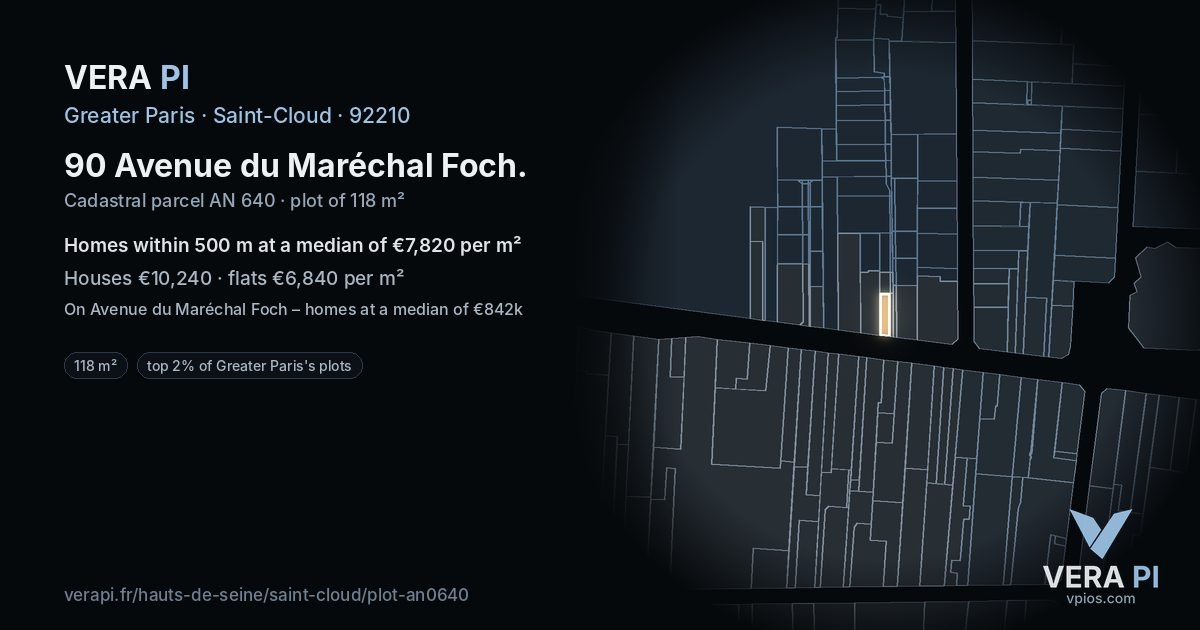 90 Avenue du Maréchal Foch, Saint-Cloud at night – the plot lit, the parcels around coloured by the prices near them
