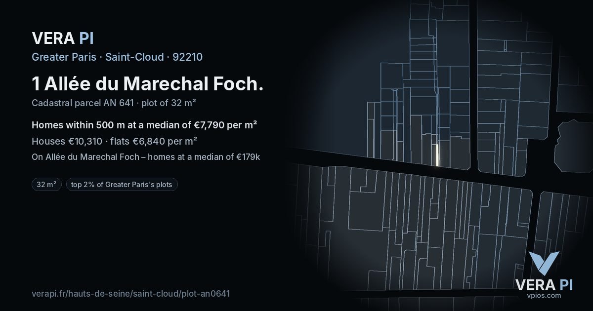 1 Allée du Marechal Foch, Saint-Cloud at night – the plot lit, the parcels around coloured by the prices near them