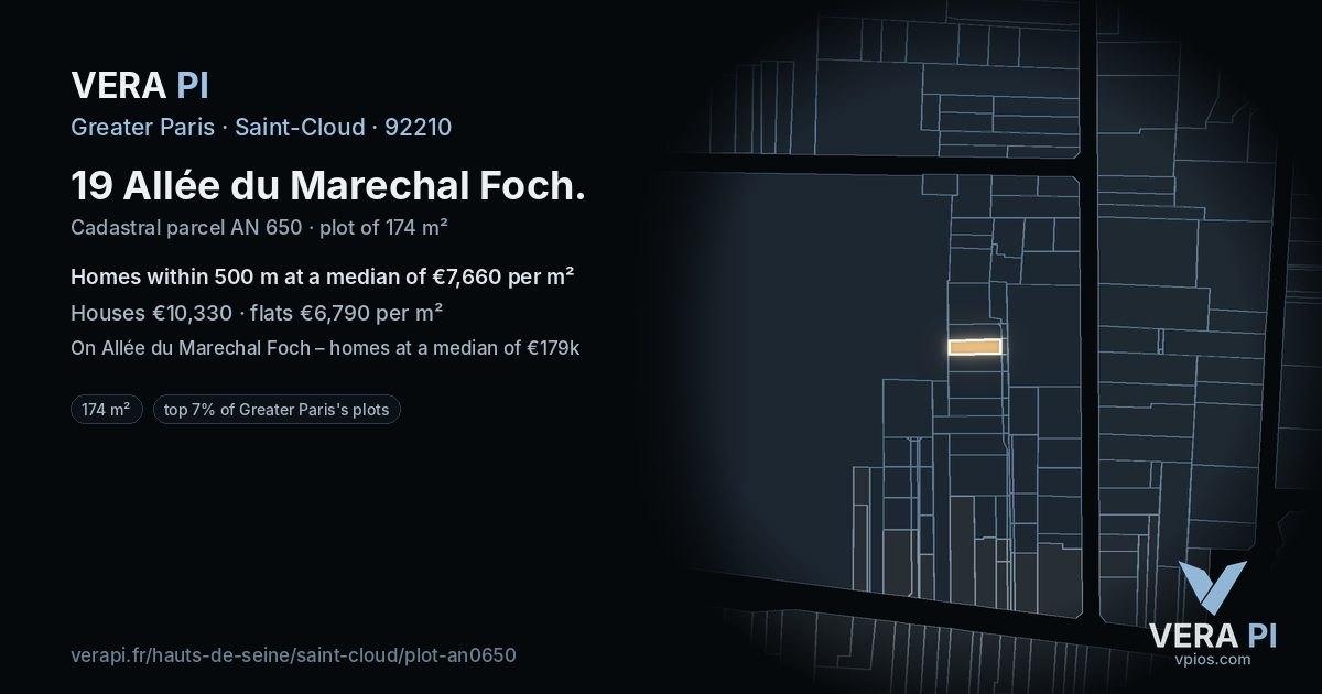 19 Allée du Marechal Foch, Saint-Cloud at night – the plot lit, the parcels around coloured by the prices near them