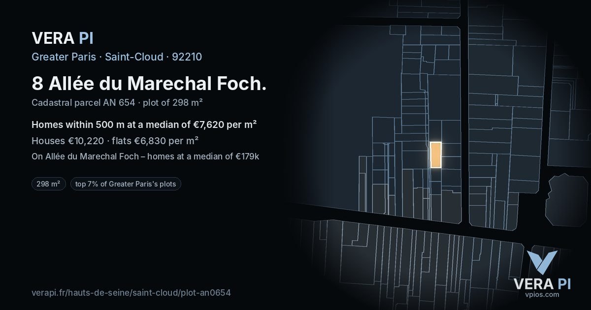 8 Allée du Marechal Foch, Saint-Cloud at night – the plot lit, the parcels around coloured by the prices near them