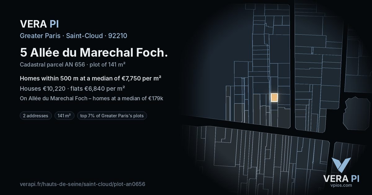 5 Allée du Marechal Foch, Saint-Cloud at night – the plot lit, the parcels around coloured by the prices near them