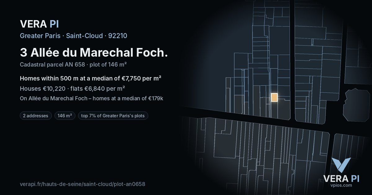 3 Allée du Marechal Foch, Saint-Cloud at night – the plot lit, the parcels around coloured by the prices near them