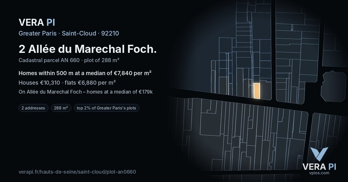 2 Allée du Marechal Foch, Saint-Cloud at night – the plot lit, the parcels around coloured by the prices near them