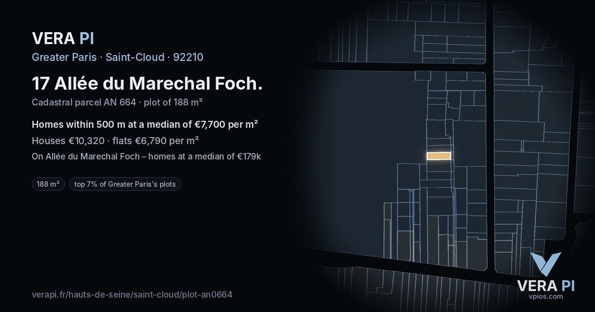 17 Allée du Marechal Foch, Saint-Cloud at night – the plot lit, the parcels around coloured by the prices near them