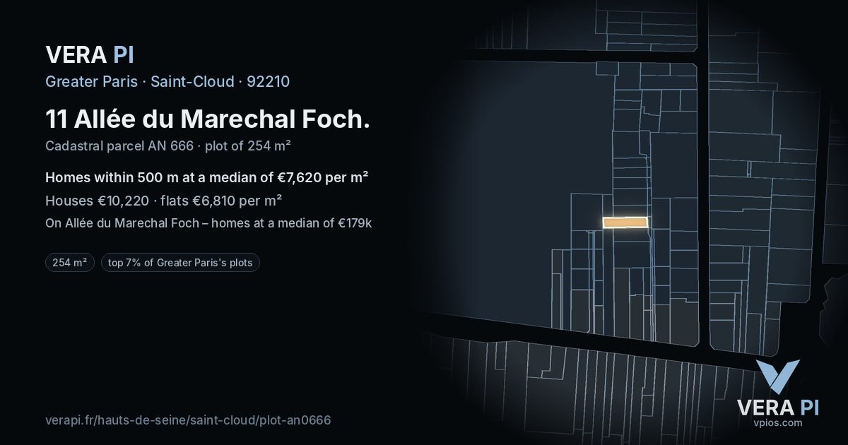 11 Allée du Marechal Foch, Saint-Cloud at night – the plot lit, the parcels around coloured by the prices near them