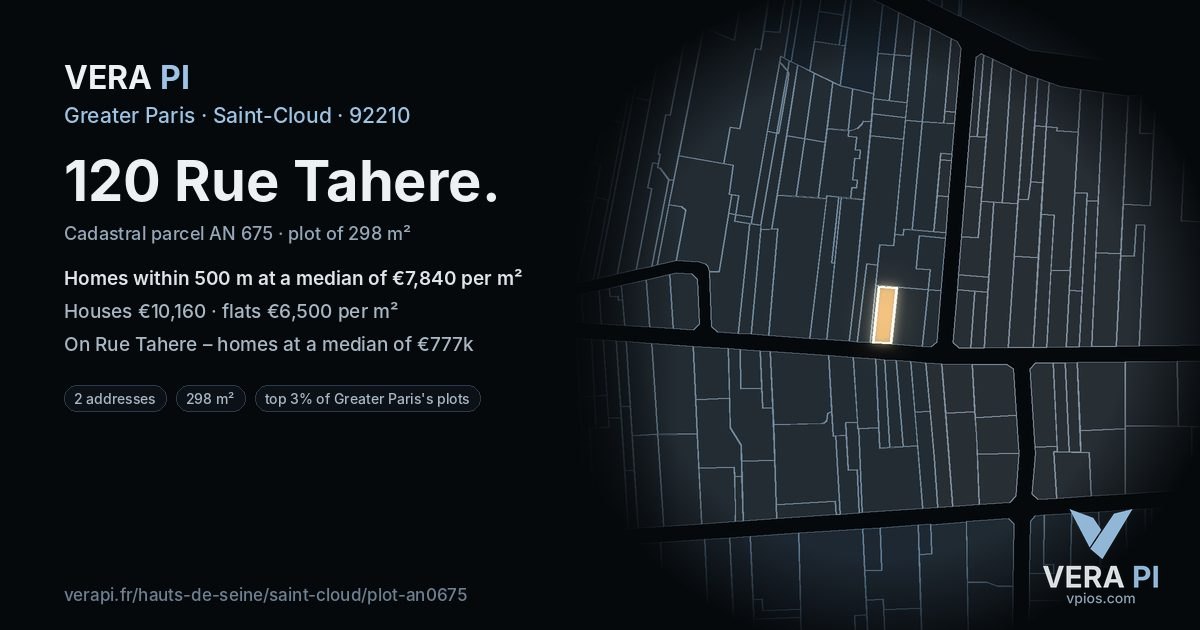 120 Rue Tahere, Saint-Cloud at night – the plot lit, the parcels around coloured by the prices near them
