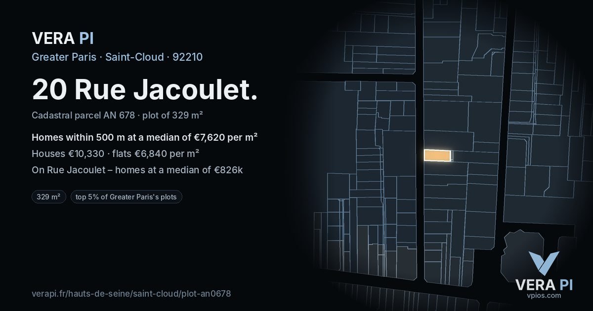 20 Rue Jacoulet, Saint-Cloud at night – the plot lit, the parcels around coloured by the prices near them