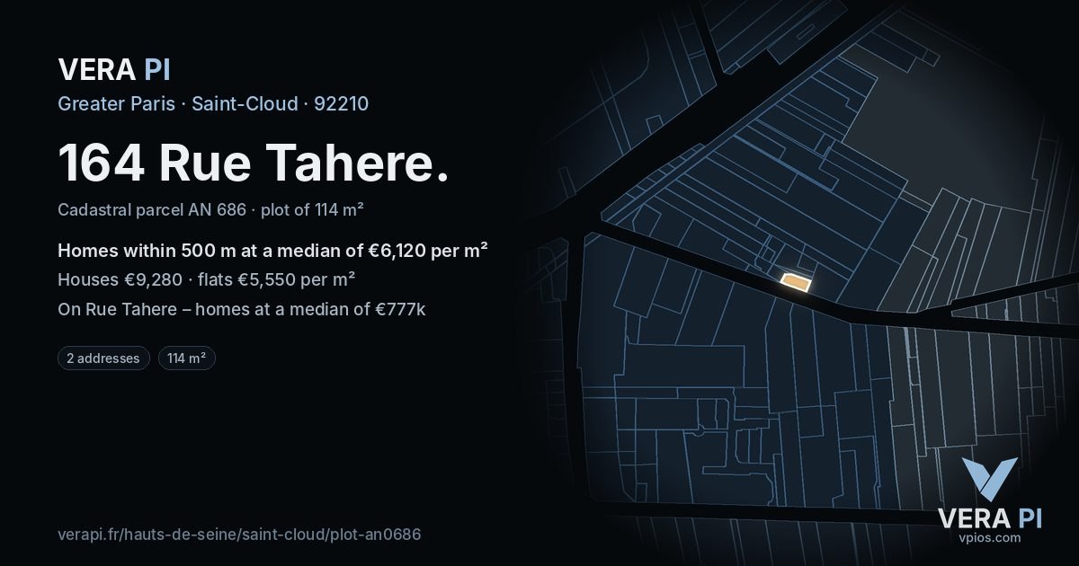 164 Rue Tahere, Saint-Cloud at night – the plot lit, the parcels around coloured by the prices near them