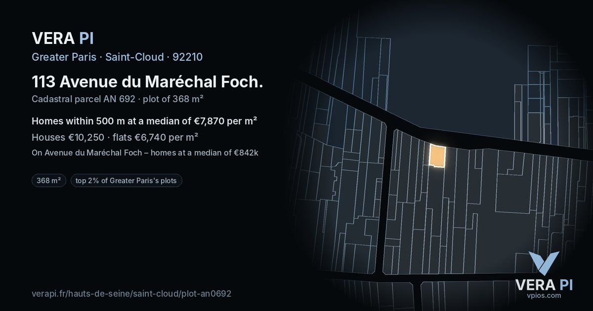 113 Avenue du Maréchal Foch, Saint-Cloud at night – the plot lit, the parcels around coloured by the prices near them