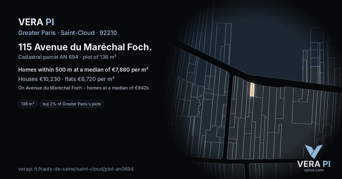 115 Avenue du Maréchal Foch, Saint-Cloud at night – the plot lit, the parcels around coloured by the prices near them