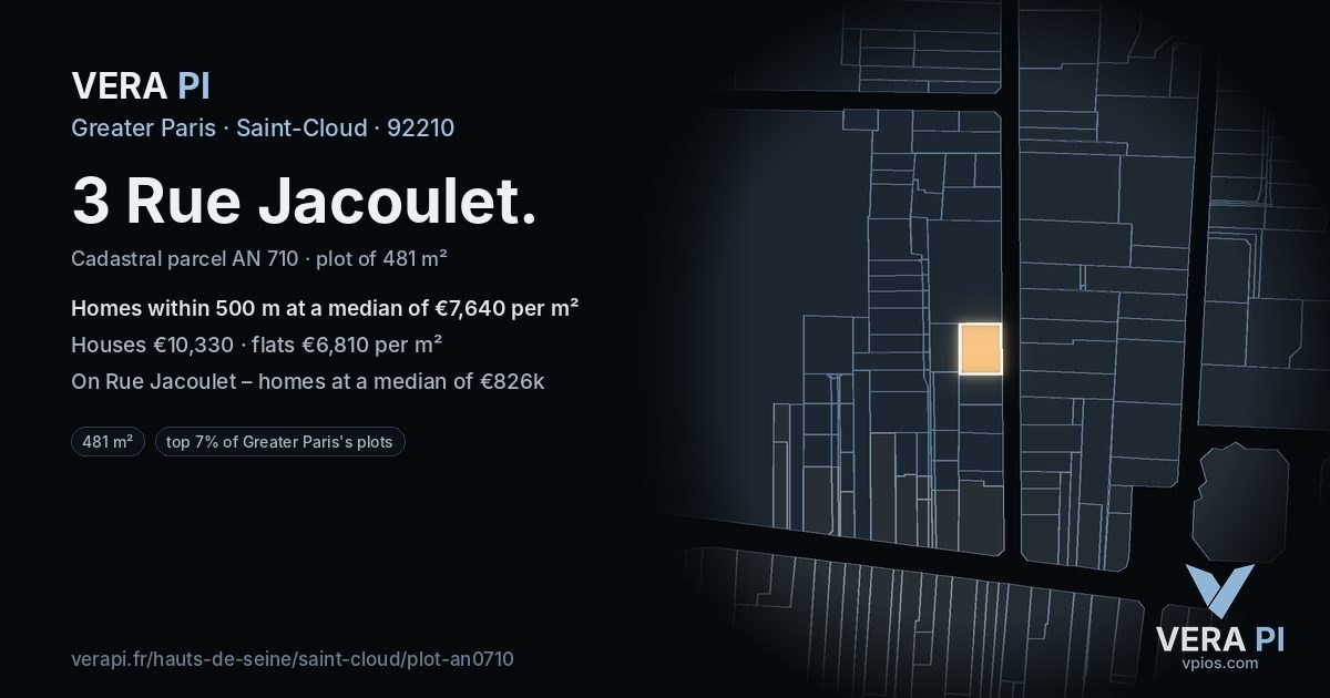 3 Rue Jacoulet, Saint-Cloud at night – the plot lit, the parcels around coloured by the prices near them