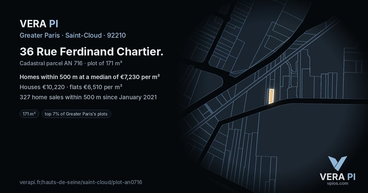 36 Rue Ferdinand Chartier, Saint-Cloud at night – the plot lit, the parcels around coloured by the prices near them